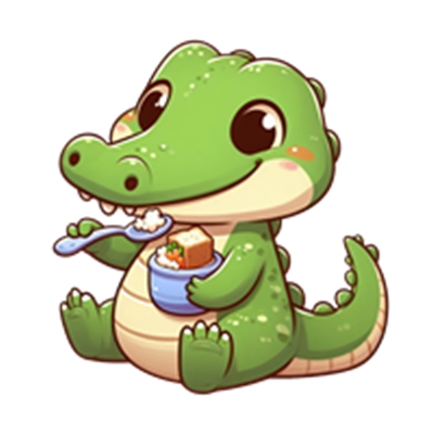 En farverig og nuttet krokodille, der spiser fra en skål, med et glad udtryk.