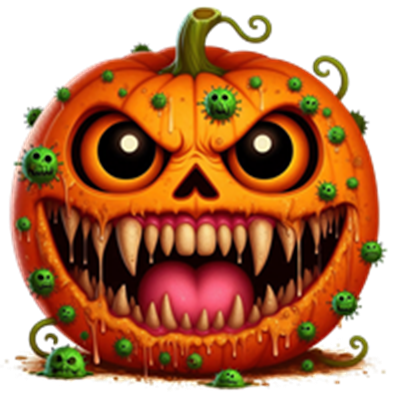 Et græskar med et truende ansigt, store tænder og grønne bakterier, perfekt til Halloween.