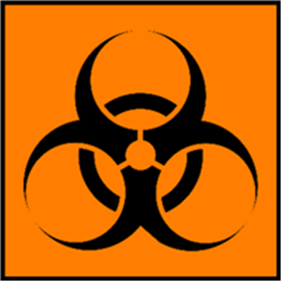 Symbol for biologiske farer med en sort ikon på orange baggrund.