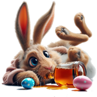 En nuttet kanin ligger afslappet med en krukke honning og farverige påskeæg omkring sig.