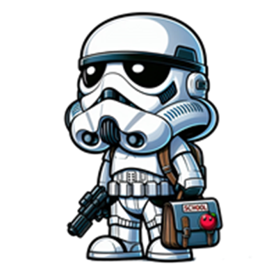 En sød, tegneserieagtig stormtrooper iført en skoletaske og holder en pistol.