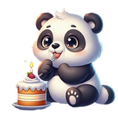 En sød panda, der nyder en stykke fødselsdagskage med lys og pynt.