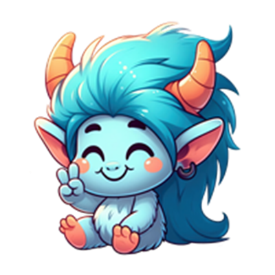 Et nuttet, blåt monster med store horn og en glad mine, der laver fredstegn.