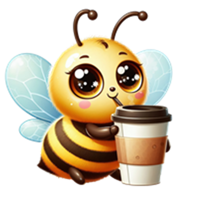 En sød, cartoonagtig bi med store øjne, der drikker kaffe fra en papkop.