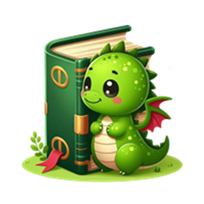 En sød grøn drage, der krammer en bog, med små detaljer og en venlig udstråling.