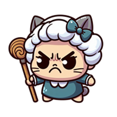 En sød, men sur kattebedstemor med krøllet hår og en kæp i hånden.