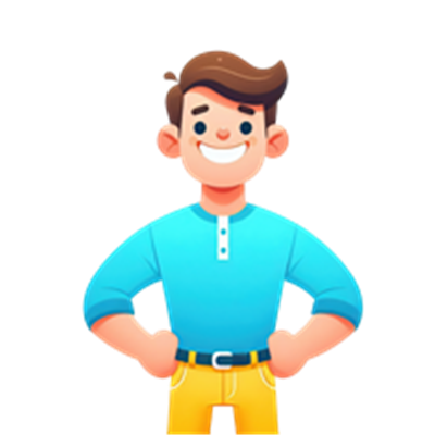 En glad, tegneserieagtig dreng med brunt hår iført en blå skjorte og gule bukser.