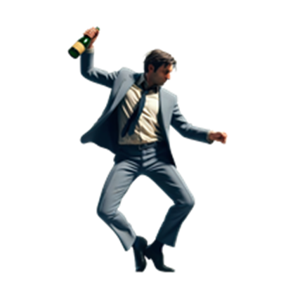 En mand i jakkesæt danser med en flaske champagne i hånden.