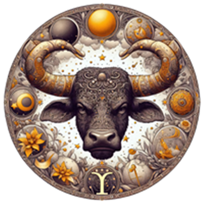 Et detaljeret billede af en tyr med ornamenter, omgivet af soler, planeter og blomster.