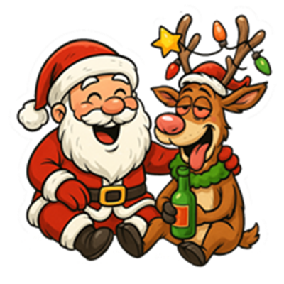 En sjov illustration af Santa Claus og et rensdyr, der hygger sig med en drink.