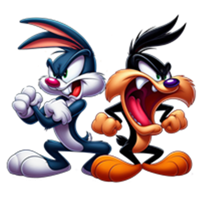 To ikoniske tegnefilmsfigurer, der udtrykker stærke følelser og karakteristiske træk.