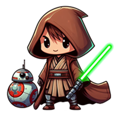 En sød, chibi-stil Jedi med en grøn lyssabel og en BB-8 droid ved sin side.