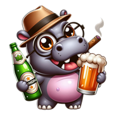 En tegneserieagtig flodhest iført hat og briller, som holder en øl og en flaske.