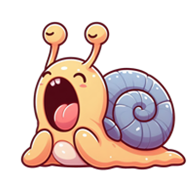 En farverig, cartoonagtig snegl, der gaber med en glad ansigtsudtryk.