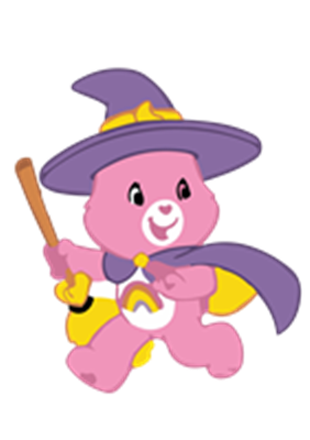 En lyserød bamse iført en magisk hat og kappe, der holder en tryllestav.