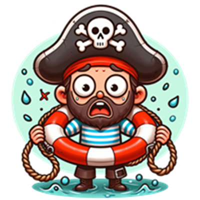 En komisk pirat med en redningskrans ser bange ud, omgivet af vanddråber.