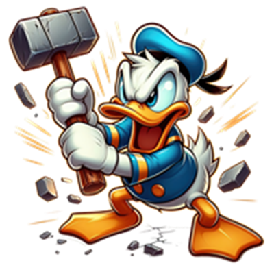 En tegneserieversion af en and med hammer, der ser vred ud og er klar til kamp.