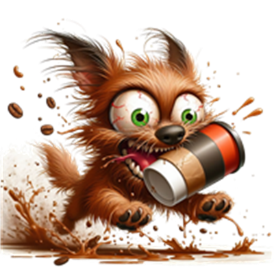 En sjov, animeret hund, der løber med en kaffekop og sprøjtende væske omkring sig.