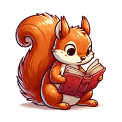 Et sødt egern med en rødlig pels, der sidder og læser en bog.