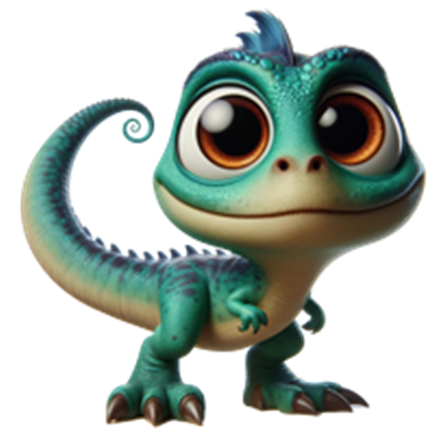 En farverig og venlig dinosaurfigur med store øjne og en legesyg attitude.