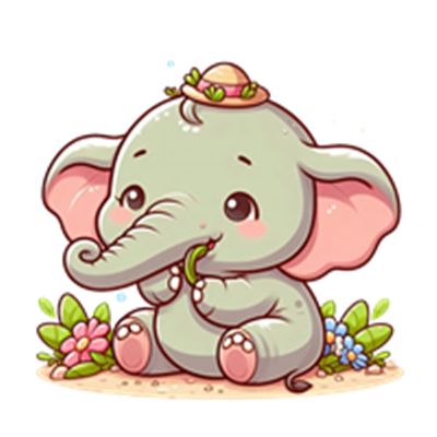 En sød, tegnet elefant med en hat, der sidder blandt blomster og smiler.