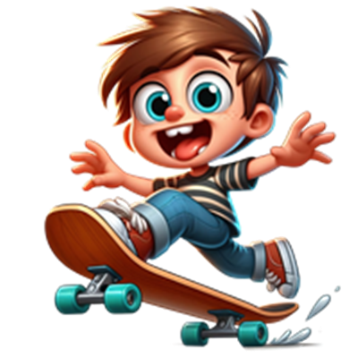 En glad dreng, der skater på en skateboard med et stort smil og energiske bevægelser.