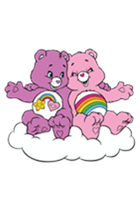 To farverige bjørne sidder på en sky og deler et kærligt øjeblik.