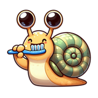 En farverig og glad snegl, der børster sine tænder med en tandbørste.