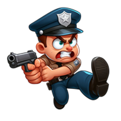 En tegneserieagtig politibetjent, der løber med en pistol og ser vred ud.