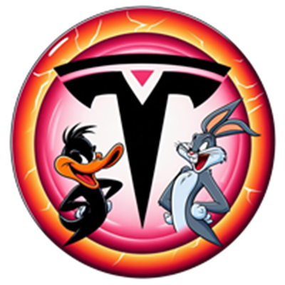 Billedet viser Daffy Duck og Bugs Bunny i en farverig cirkel med et T logo.
