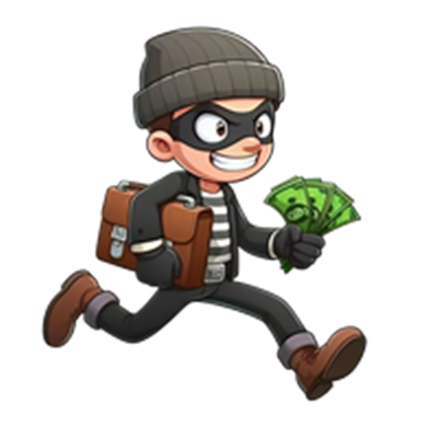 En tegneseriefigur af en tyv, der løber med penge i hånden.