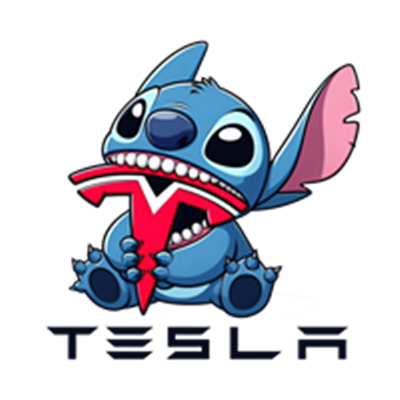 En tegneseriefigur, Stitch, holder et Tesla-logo i munden.