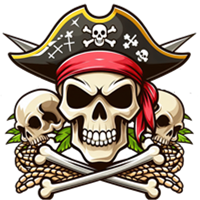 En farverig illustration af en piratskalle iført en pirathat med korsede knogler og kranier.