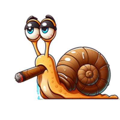 En farverig, cartoonagtig snegl med store øjne og en cigar i munden.