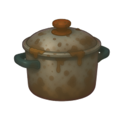 En beskidt gryde med en rusten overflade og en orange knap på låget.