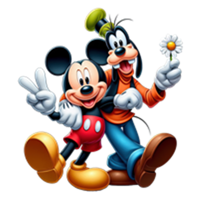 Mickey Mouse og Goofy står sammen med et venligt udtryk, hvor Goofy holder en blomst.