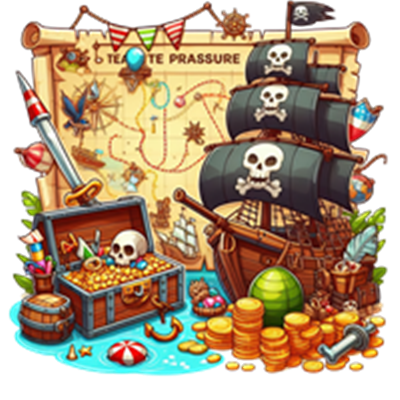 Et farverigt billede med et piratskib, skattekiste, guldmønter og et skattekort.