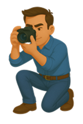 En mand i blå skjorte og bukser, der knæler og tager billeder med et kamera.