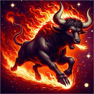 Et majestætisk, brølende tyr med flammer og stjerner omkring sig, der symboliserer kraft.