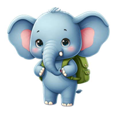 Et nuttet, tegnet elefantbarn med en grøn rygsæk, der ser venligt ud.