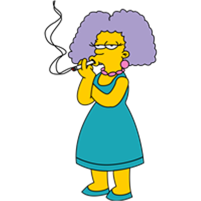 En animeret figur med krøllet lilla hår iført en blå kjole, der står med en fløjte.