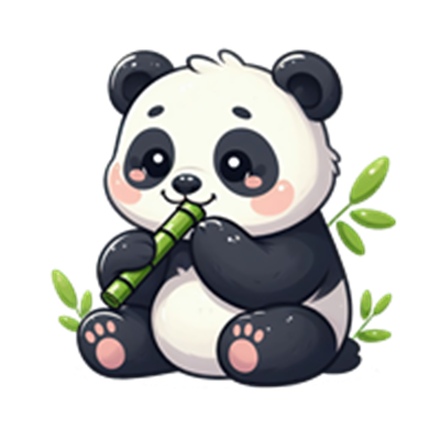 En tegneserieagtig panda sidder og spiller på en fløjte, omgivet af bambus.