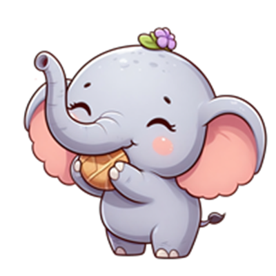 En sød, tegneserieagtig elefant, der smiler og holder en isvaffel, prydet med en blomst.