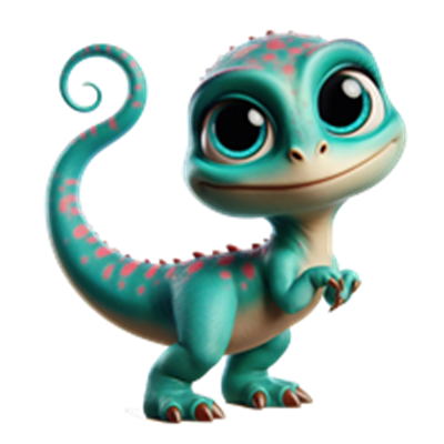 En sød, farverig dinosaur med store øjne og en legesyg attitude.