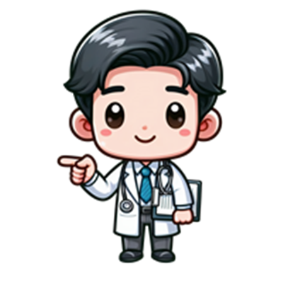 En tegneserieagtig læge med sort hår, hvid kittel og stethoskop, der peger.