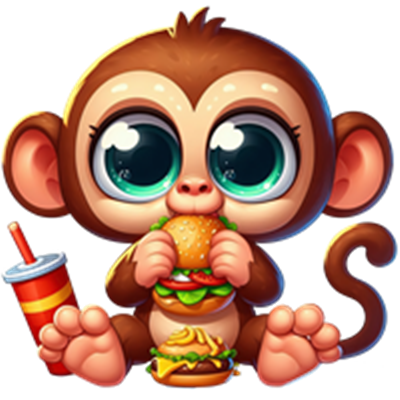 En nuttet tegneserieabe, der spiser burgere og holder en sodavand.