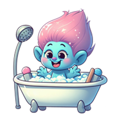 Et farverigt, tegnet væsen med lyserødt hår, der leger i et badekar fyldt med skum.