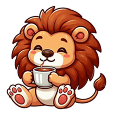 En sød, tegneserieagtig løve, der sidder og drikker kaffe med et glad udtryk.