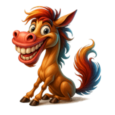 En tegneserieagtig hest med en stor smilende mund og farverigt hår.