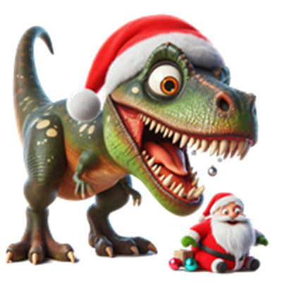 En farverig dinosaur iført en julesanta-hat står ved siden af en julemand.